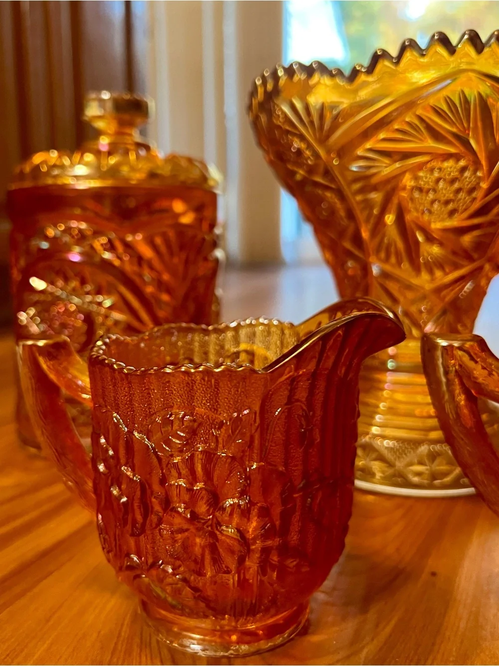 Imperial Glass Carnival Glass Lot of 5 8” Hobster Jar/ Devil Vase/ Pedestal Vase